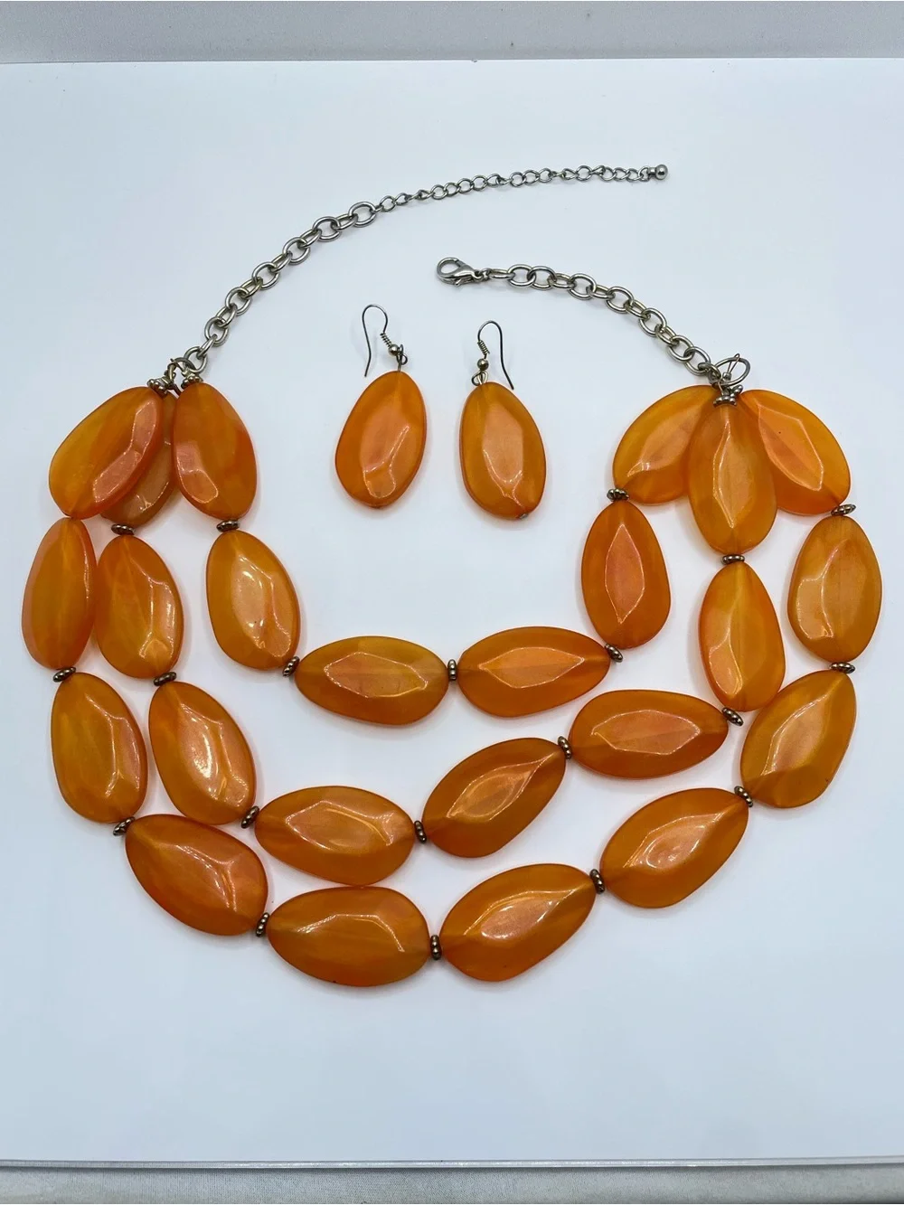 Vintage Orange Lucite Layered Necklace Earring Set Statement Bold